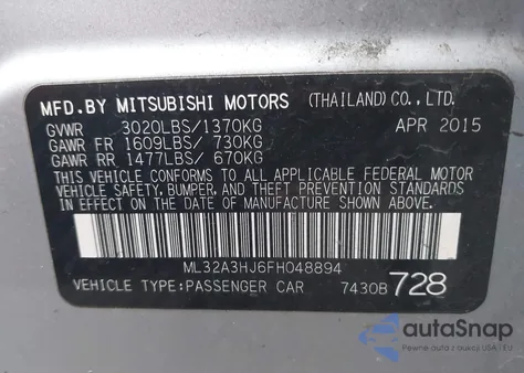 2015 Mitsubishi Mirage De z USA, uszkodzony, nr VIN ML32A3HJ6FH048894